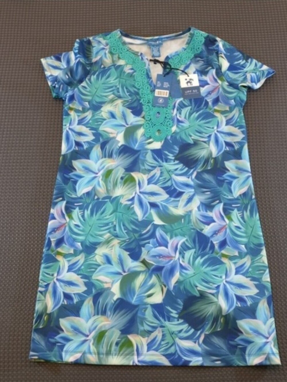 Caribbean Joe Tropical Floral Lace Trim UPF 50 Dress Blue Blossom Retail $60